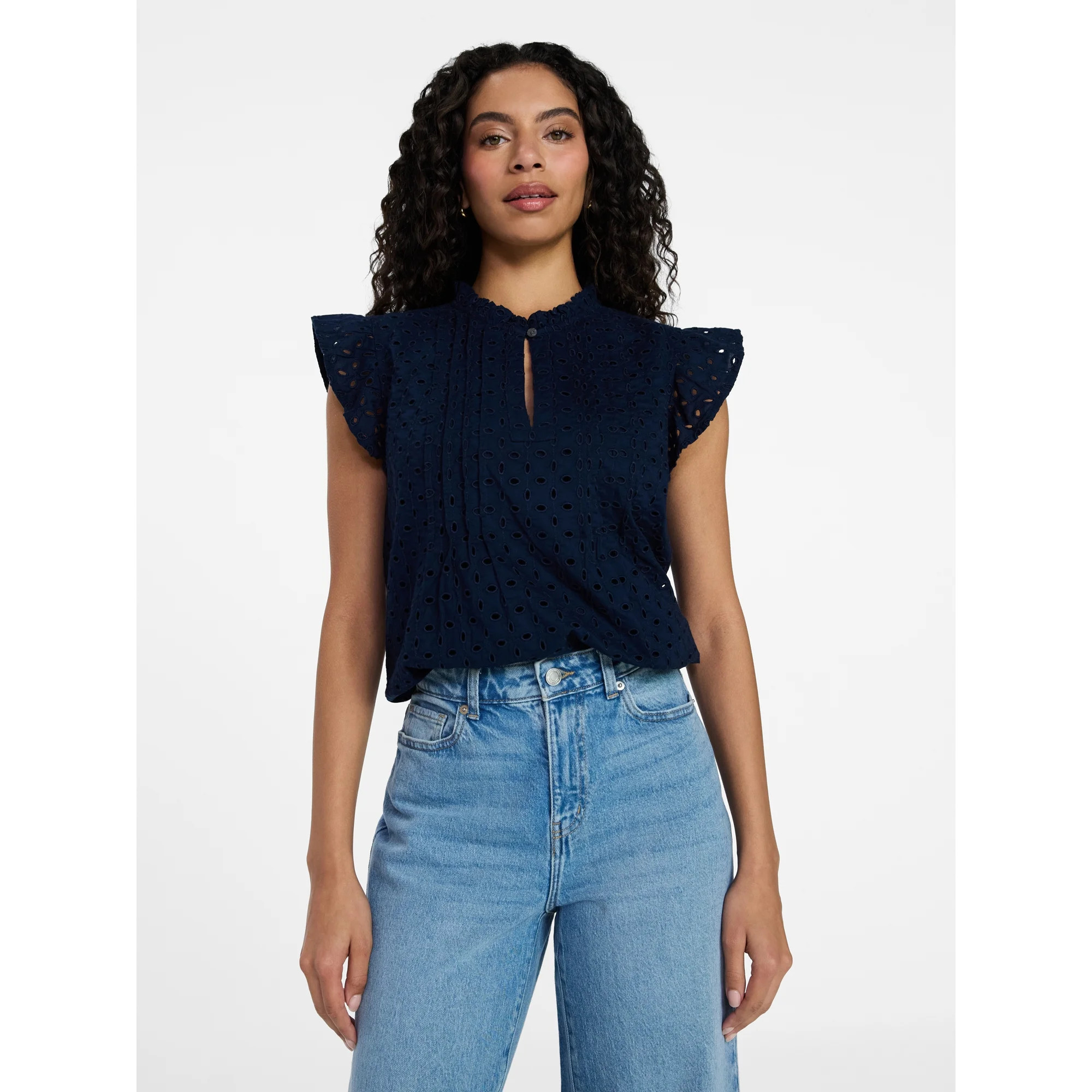 Time and Tru Women's Cotton Eyelet Top with Short Flutter Sleeves, Sizes XS-XXXL | Walmart (US)