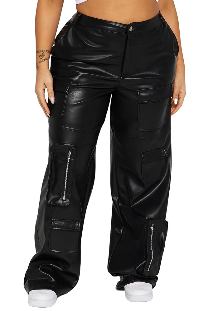Women's Faux Leather Cargo Pants High Waisted Y2K Leggings Pants with Pockets | Amazon (US)