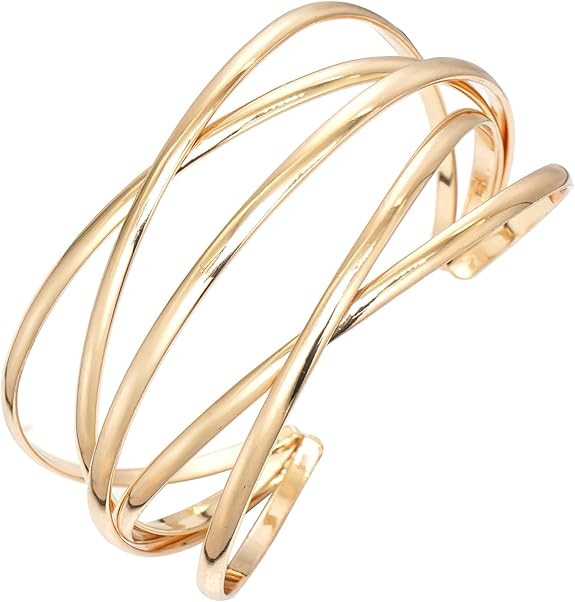 Multi-Layer Cuff Bracelet for Women Cross Wire Bracelets Open Wide Cuff Gold Bangle Bracelet | Amazon (US)
