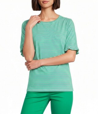Jones New York Yarn Dye Stripe Crew Neck Elbow Length Ruffle Trim Sleeve Tee | Dillard's | Dillard's