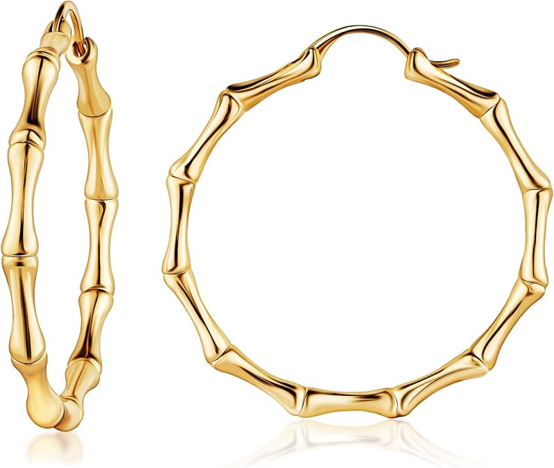 Womens Gold Bamboo Hoop Earrings | Barzel 18K Gold, Rose Gold, or White Gold Plated Bamboo Hoop E... | Amazon (US)