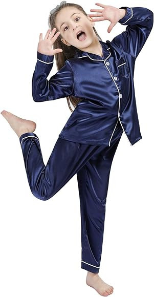 DF-deals Girls Boys Kids Silk Satin Pajamas Set Button-Down Clothes Long Sleeve Loungewear Sleepw... | Amazon (US)