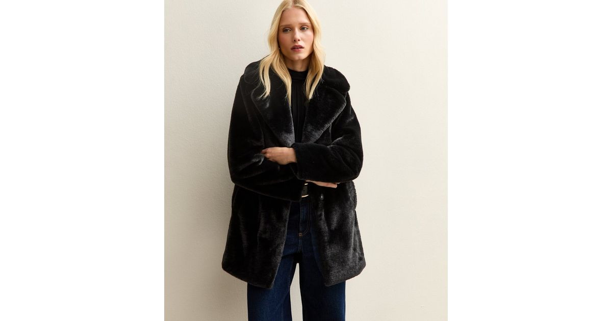 Black Faux Fur Midi Coat | New Look | New Look (UK)