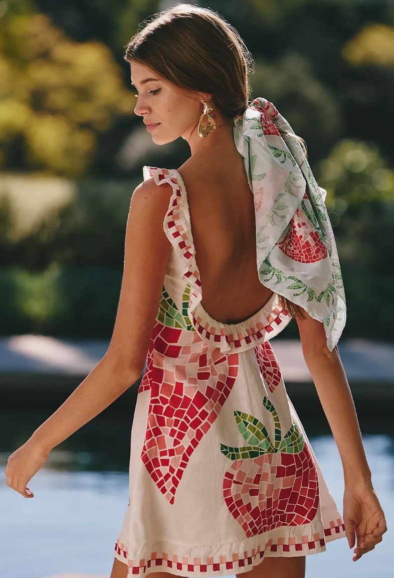 Celandine Strawberry Embroidered Open-Back Mini Dress