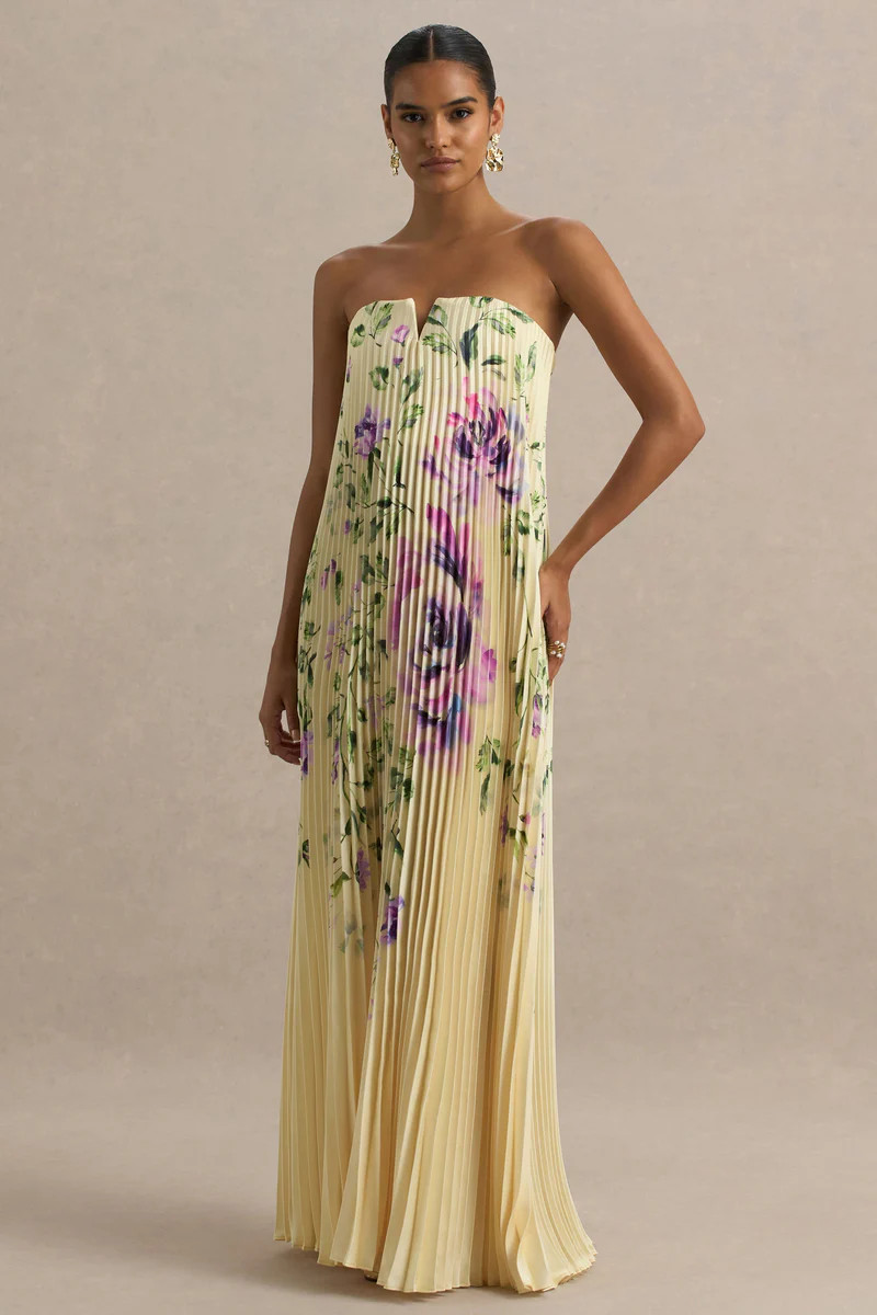 Bergamot  Lemon Rose Print Satin Sweetheart Maxi Dress | Club L London
