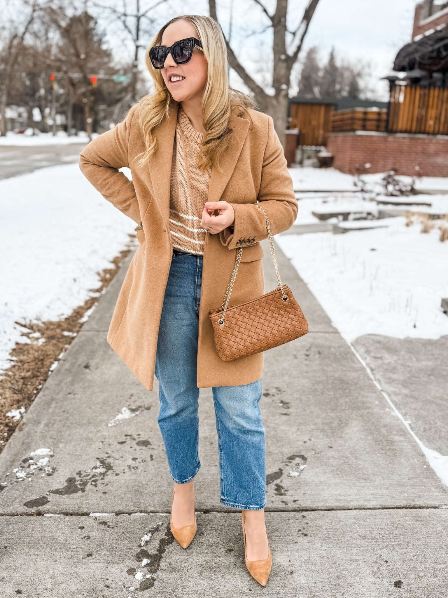 What I’m wearing to Valentine’s Day brunch! Exact coat in petite sizes, fits tts. Straight jeans in petite fit tts. Exact bag. Similar striped sweaters and heels. 
Spring outfit, spring fashion, petite, petite outfit, petite jeans 

#LTKStyleTip #LTKPetite #LTKSaleAlert