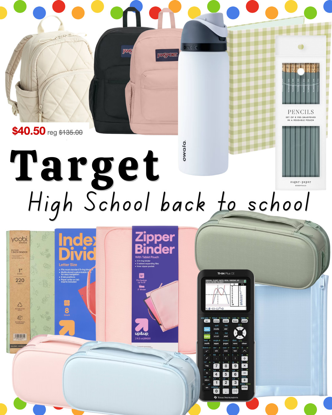 Back-to-school shopping starts at Target! ✏️ High School Essentials including Jansport backpacks, Owala bottles, binders, graphing calculators, pencil cases, folders, and organization favorites. 

 