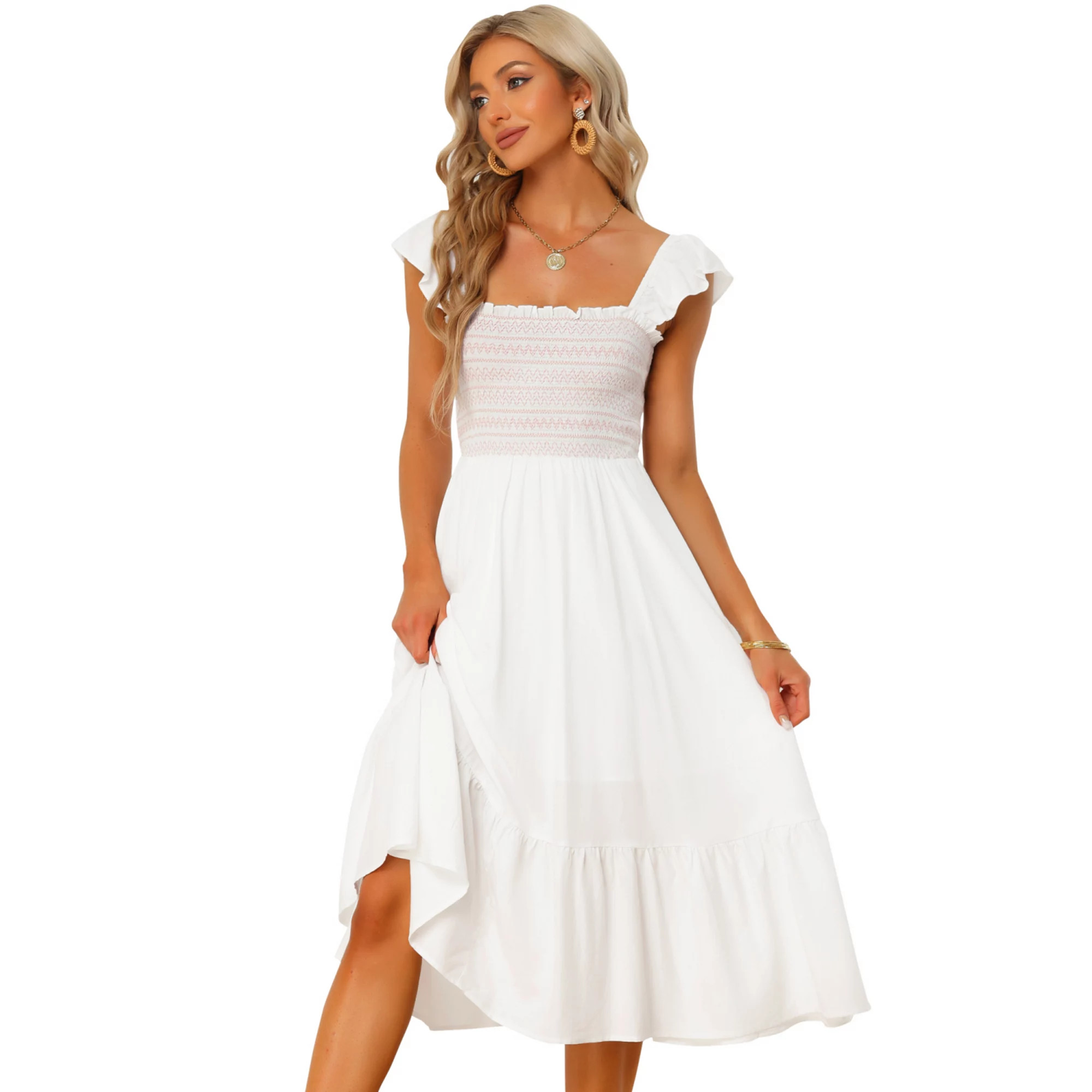 Women's Smocked Sundress Casual Square Neck Sleeveless Ruffle Tiered Midi Dress | Kohl's