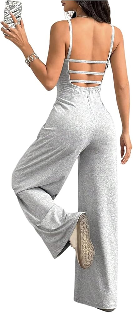 OYOANGLE Women's Strappy Backless Jumpsuits Wide Leg Sleeveless One Piece Summer Outfits Rompers ... | Amazon (US)