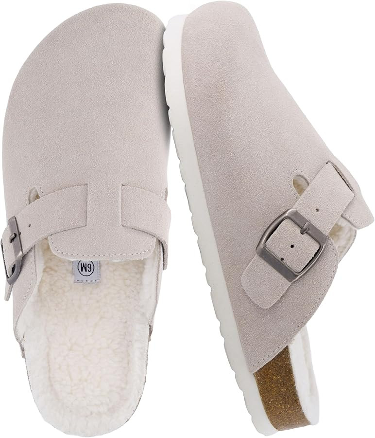 CUSHIONAIRE Women's Hana Cork footbed clog with Genuine Leather upper, Faux Fur lining, and +Comf... | Amazon (US)