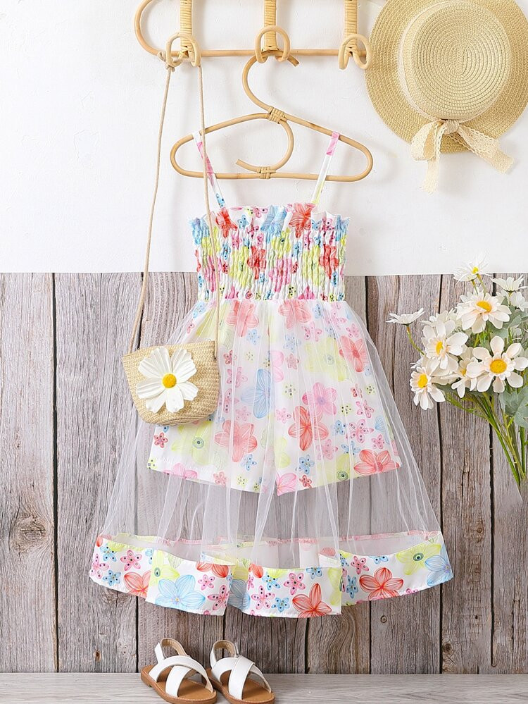 Toddler Girls Floral Print Mesh Overlay Cami Romper | SHEIN