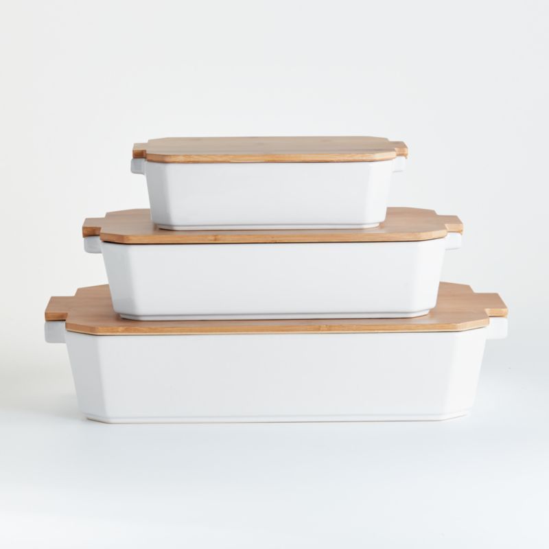 Baking Dishes with Bamboo Lids, Set of 3 + Reviews | Crate and Barrel | Crate & Barrel