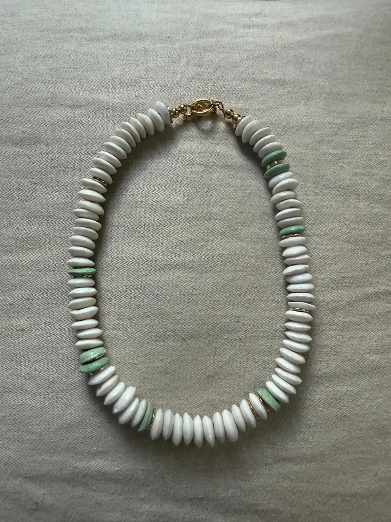 Handmade Green and White Ashanti Glass Bead | African Trade Bead Necklace | Chunky Statement | Gi... | Etsy (US)