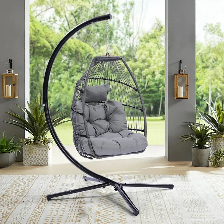 Outdoor Patio Wicker Folding Hanging Chair,Rattan Swing Hammock Egg Chair with C Type Bracket, wi... | Walmart (US)