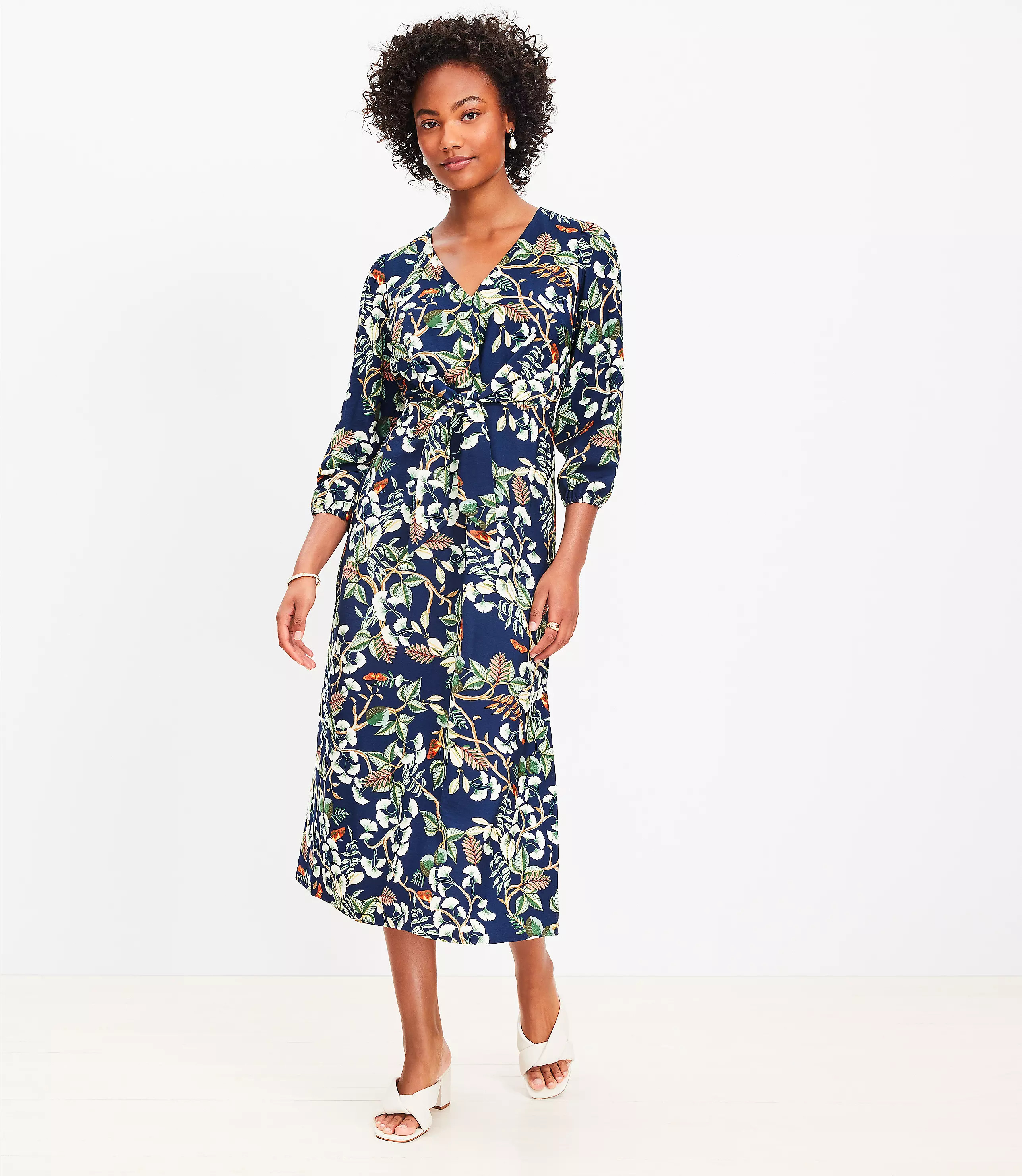 Petite Leafed Tie Front Midi Dress | LOFT