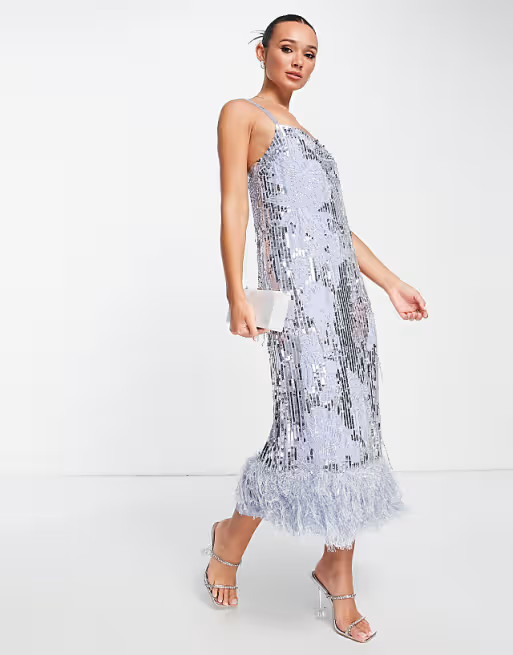 ASOS EDITION floral sequin and bead midi dress with feather hem in violet | ASOS (Global)