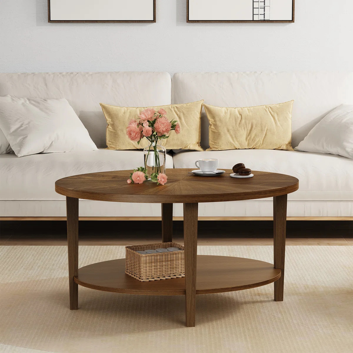Solid Wood Oval Coffee Table with 2-Tier Storage, Mid-Century Modern | Wayfair North America