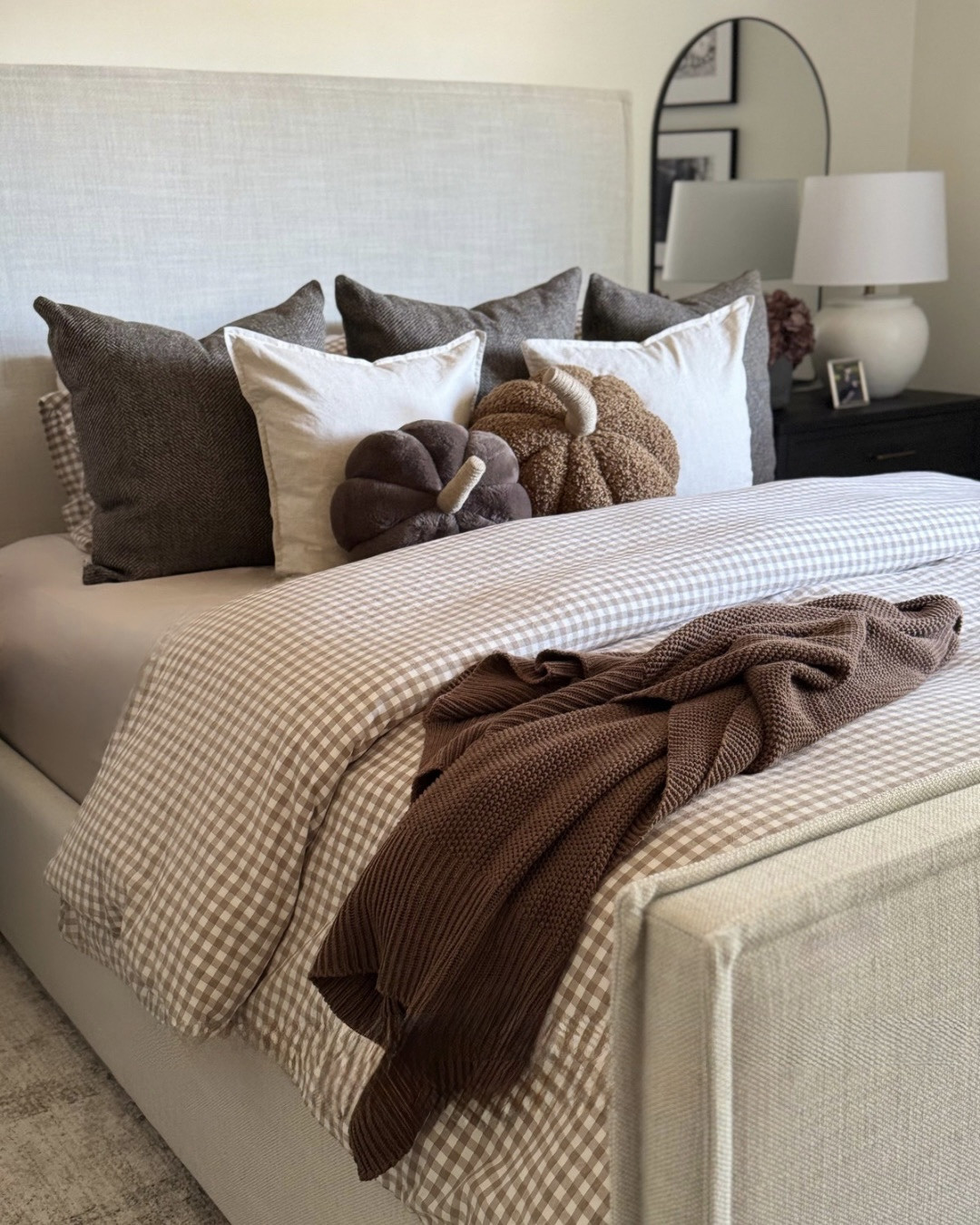 Gingham bedding, duvet, Loloi rug, black nightstand, brown knit throw blanket, brown pillow cover, gray vase, cream pillow cover, Walmart, Wayfair, Loloi, Target, Afloral, Amazon, hackner home

#LTKSeasonal #LTKHome #LTKSaleAlert