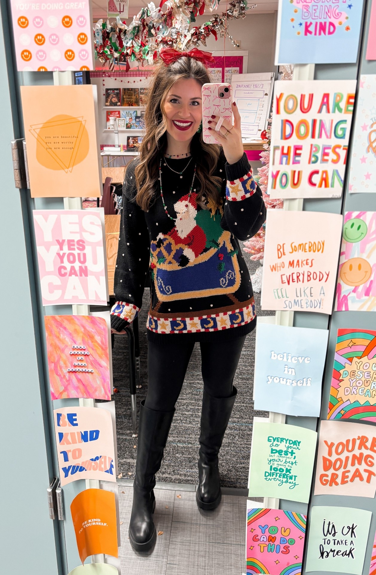 I love pulling out my moms vintage Christmas sweaters this time of year! 🎅🏻
Spanx faux leather leggings//medium petite 

Boots, tacky Christmas, holiday, teacher, Santa 

#LTKHoliday #LTKSeasonal