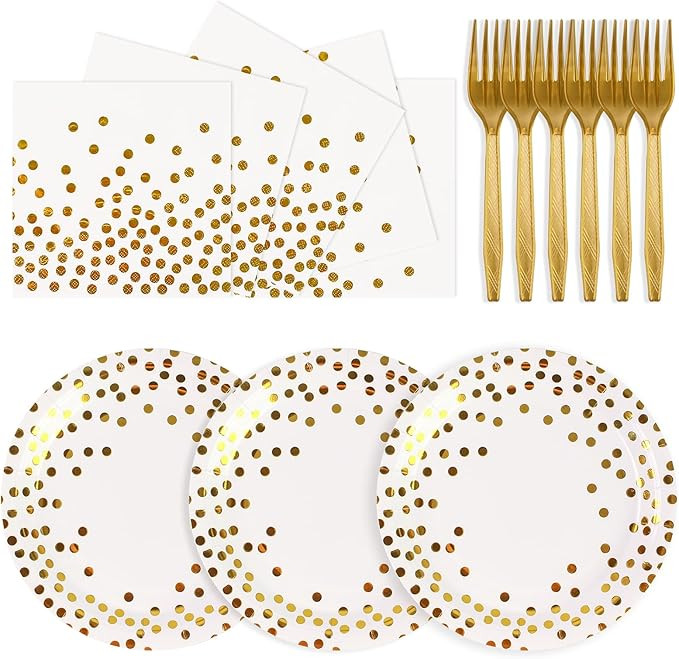 75PCS Paper Plates and Napkins Set - White and Gold Dot Disposable Party Dinnerware Includes Pape... | Amazon (US)