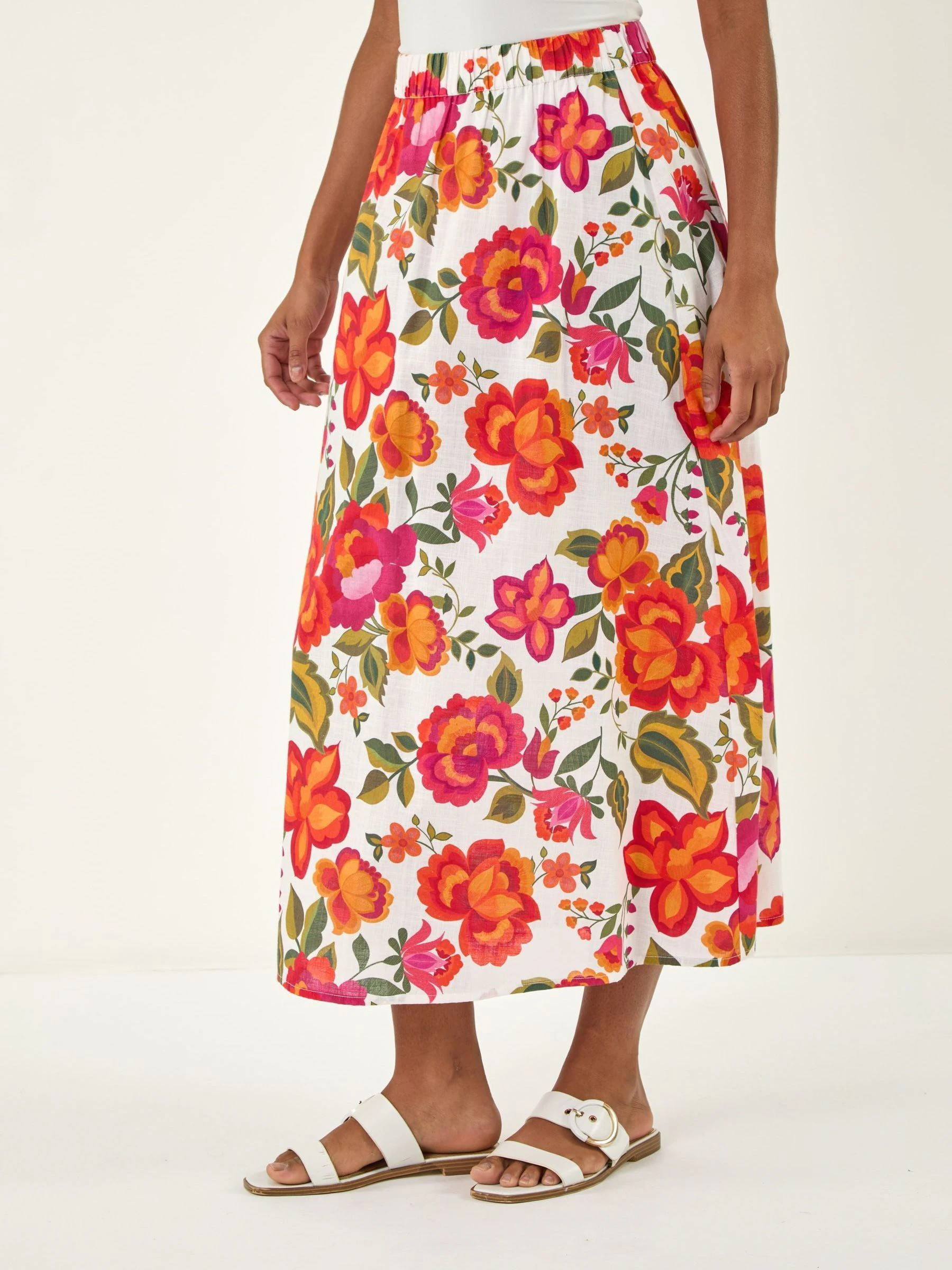 Roman Roman Orange Floral Print A-Line Midi Skirt | Next US