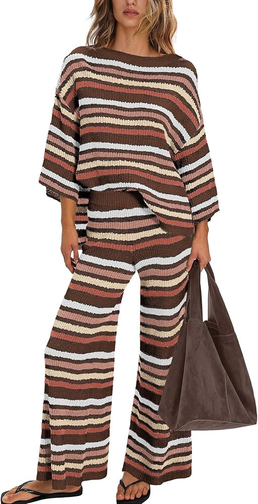 Panadila Womens Striped 2 Piece Sets Oversized Sweater Set Pajama Lounge Set Top and Wide Leg Pan... | Amazon (US)