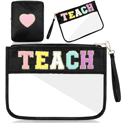 Hillban 2 Pcs Teacher Appreciation Gifts Teach Chenille Letter Clear Makeup Bag Pouch, Monogram PVC Clear Zipper Pouch with Wristlet Travel Cosmetic Bag Graduation Retirement Teacher Gifts for Women | Amazon (US)