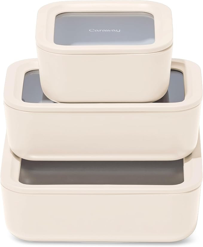 Caraway 3pc Glass Food Storage Set – 10 Cup, 6.6 Cup, & 4.4 Cup Food Containers - Ceramic Coate... | Amazon (US)