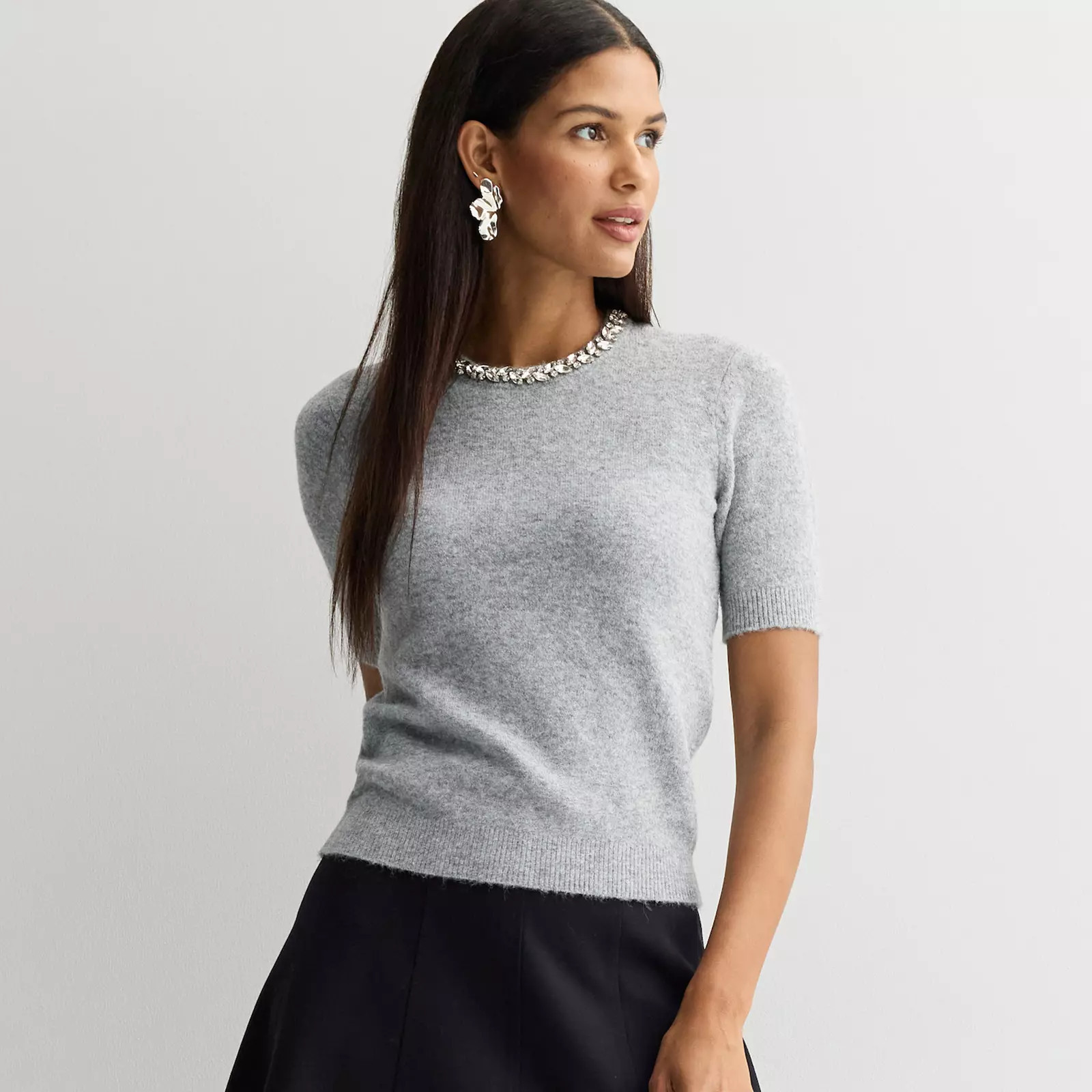 Women's Nine West Jewel Neck Short Sleeve Knit Sweater, Size: Medium, Dark Metal Grey | Kohl's