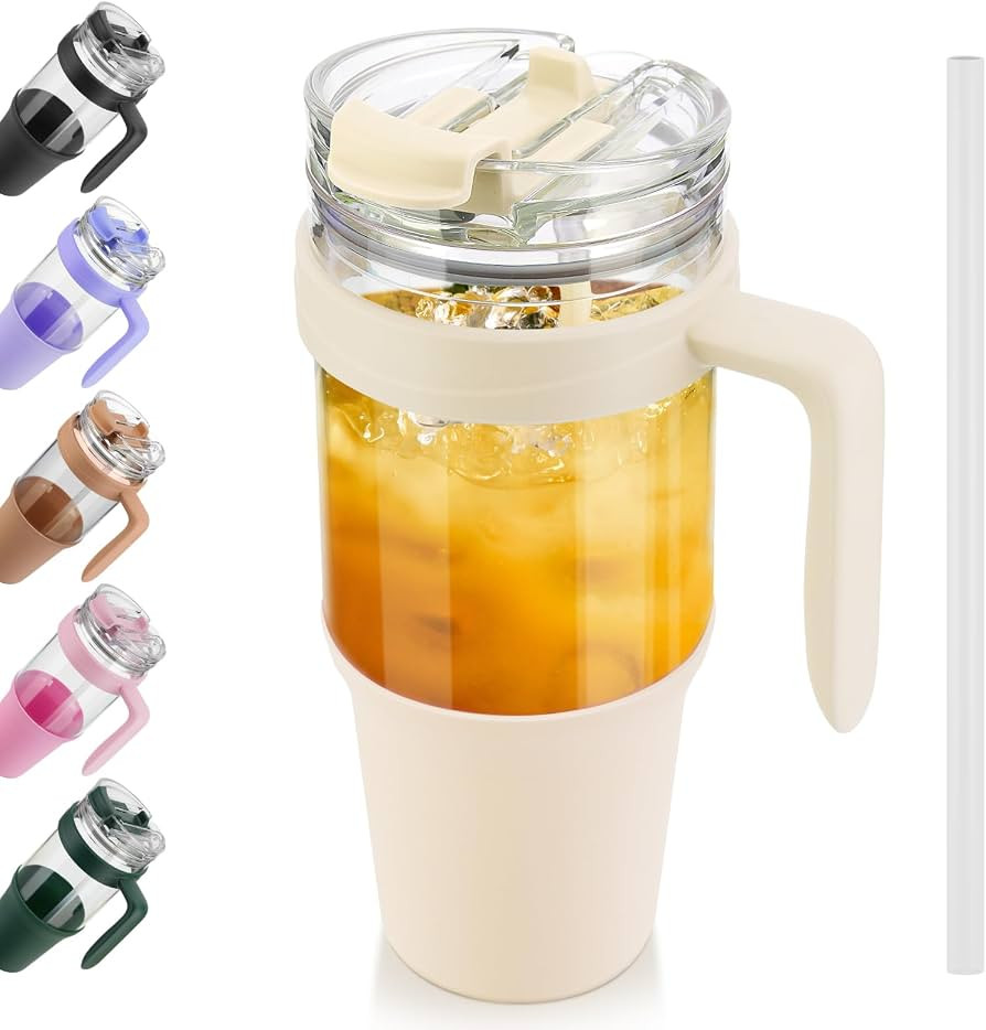 Tronco 40 oz Glass Tumbler with Straw and Lid, Leak-proof Flip Straw, Reusable Glass Tumbler with... | Amazon (US)