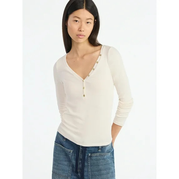 Scoop Women’s Ribbed V Neck Henley Top with Long Sleeves, Sizes XS-XXL | Walmart (US)
