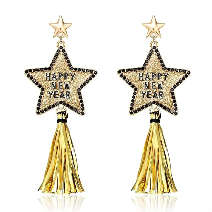 New Years Eve Earrings for Women Glitter Rhinestone Happy New Year Star Earrings Long Fringe Tass... | Amazon (US)