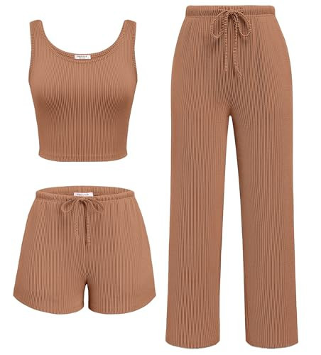 Ekouaer Women's 3 Piece Lounge Set Ribbed Soft Pajama Set Crop Tank Top and Shorts&Pants Vacation Outfits With Pokcet | Amazon (US)