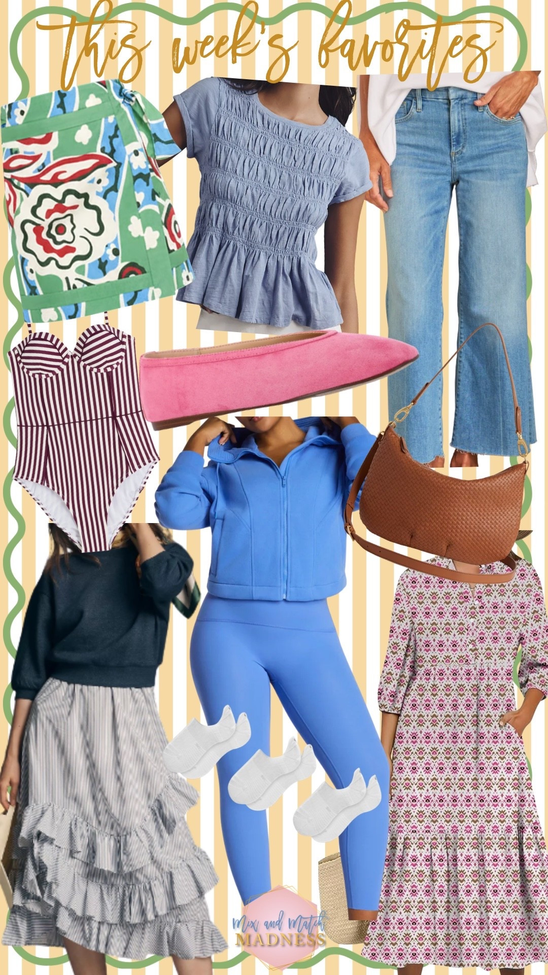 This week’a favorites! Closet staples for sure!! 
Wrap skirt - small
Jeans -26P
Ruched top - xs
Swim - 34B
Flats - 7.5 (half size down)
Ruffle dress - xs 
Amazon maxi - small
Spanx hoodie - xs 
Leggings - small 7/8

#LTKdayinmylife #LTKmomlife #LTKOver40