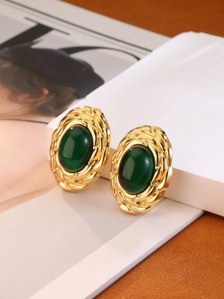 Leocuci Chunky Emerald Studs Earrings Statement Earrings Studs Vintage Green Earrings For Women | SHEIN