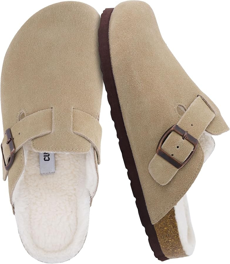 CUSHIONAIRE Women's Hana Cork footbed clog with Genuine Leather upper, Faux Fur lining, and +Comf... | Amazon (US)