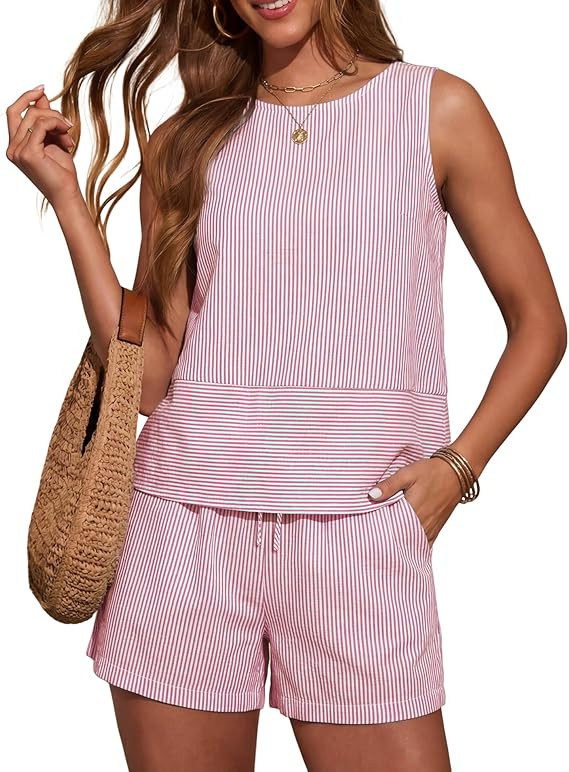 LOMON Women's Trendy 2 Piece Outfits Shorts Sets Summer Crew Neck Sleeveless Tank Top and Bottom ... | Amazon (US)