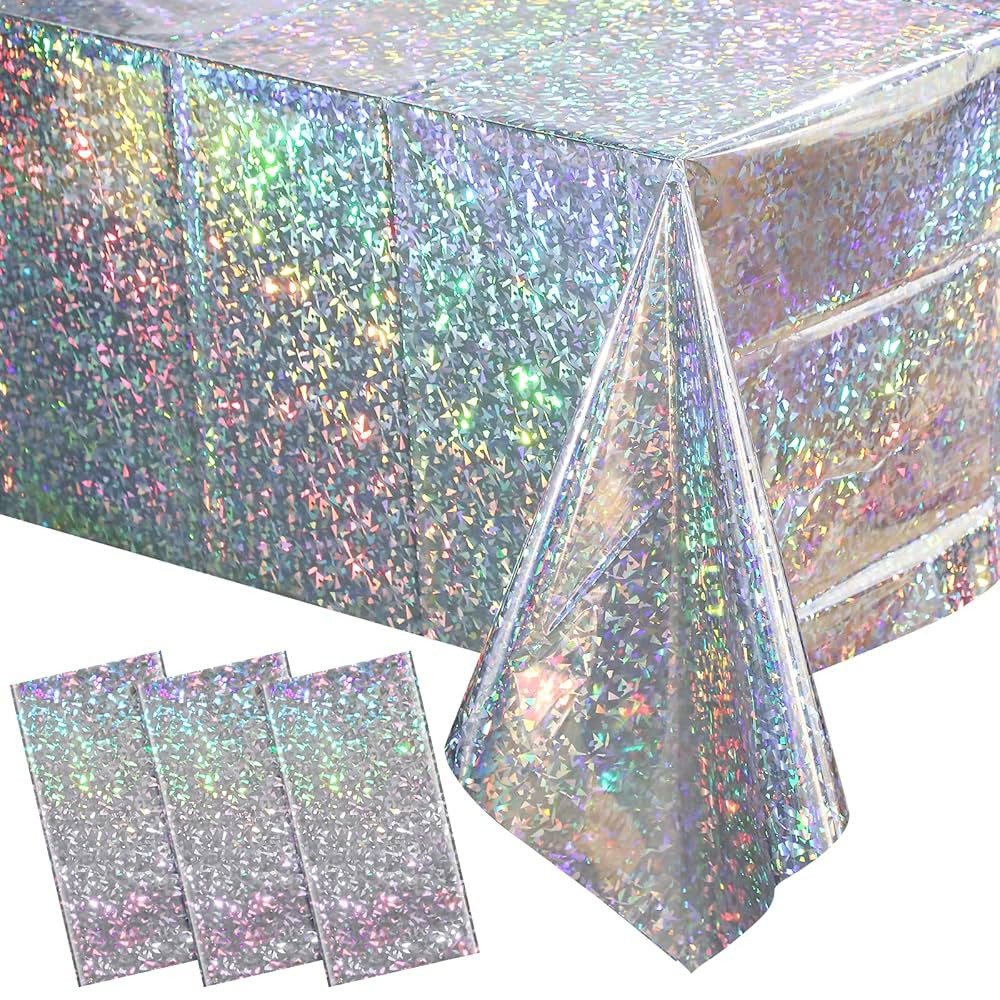 3 Pack New Iridescent Silver Tablecloth Party Decorations, Holographic Silver Glitter Plastic Tab... | Amazon (US)