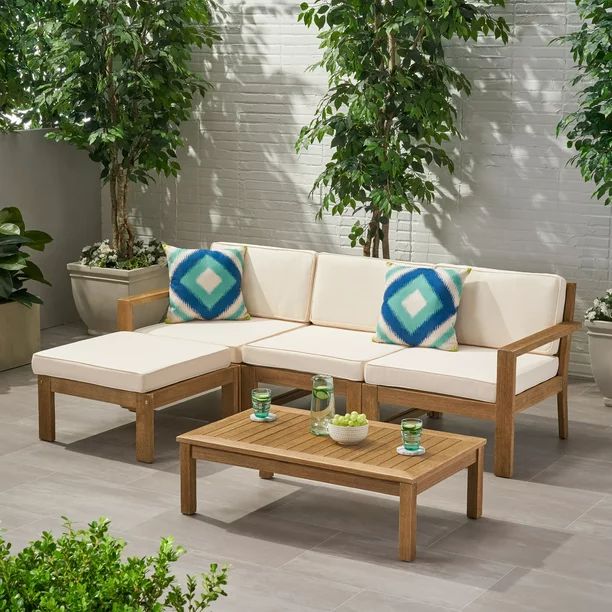 Faviola Ana Outdoor 3 Seater Acacia Wood Sofa Sectional with Cushions, Teak and Cream - Walmart.c... | Walmart (US)