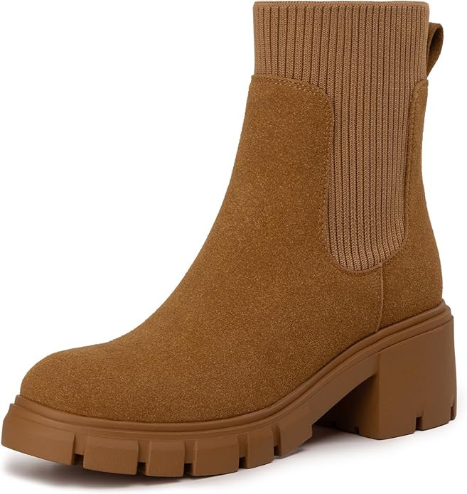 Athlefit Women's Chelsea Boots Fashion Slip on Platform Ankle Boots Lug Sole Chunky Booties | Amazon (US)