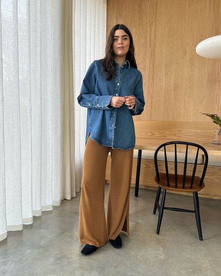 Blue denim shirt and camel brown knitted wide leg trousers, a great working from home look. 

#LTKeurope #LTKstyletip #LTKfindsunder100