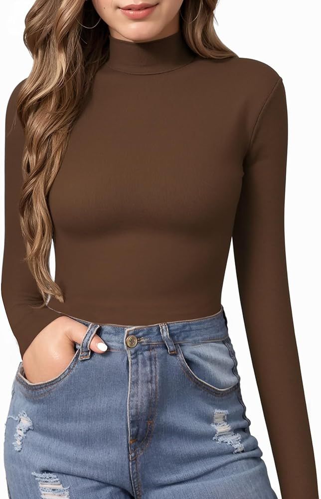 MANGOPOP Women's Mock Turtle Neck Slim Fit Long Sleeve 3/4 Sleeve Short Sleeve T Shirt Tight Tops... | Amazon (US)