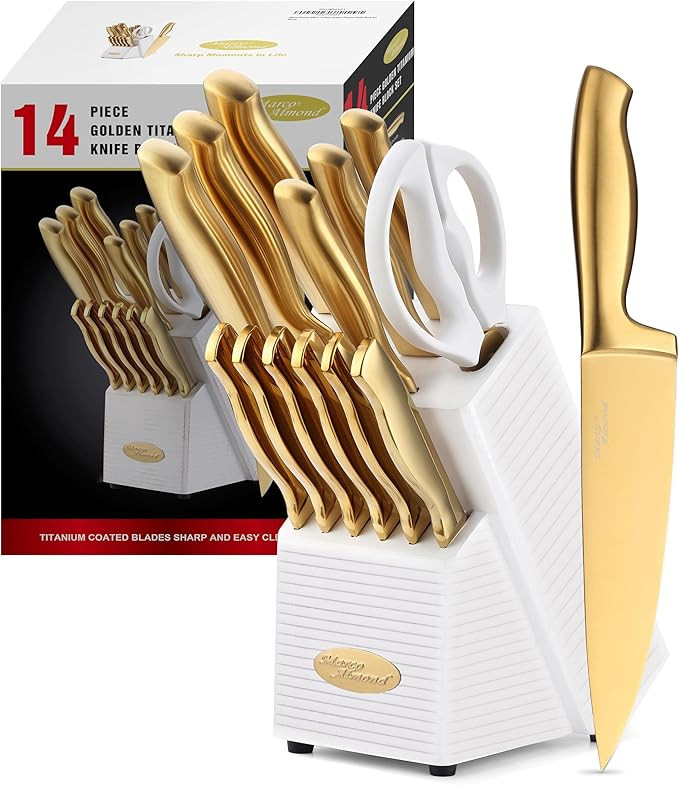 Marco Almond® Gold Knife Set, Knife Block Set MA21,Titanium Coated 14 Pieces Stainless Steel Che... | Amazon (US)