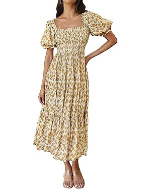 ZESICA Women's 2024 Summer Boho Floral Print Square Neck Ruffle Swing Beach Long Maxi Dress | Amazon (US)