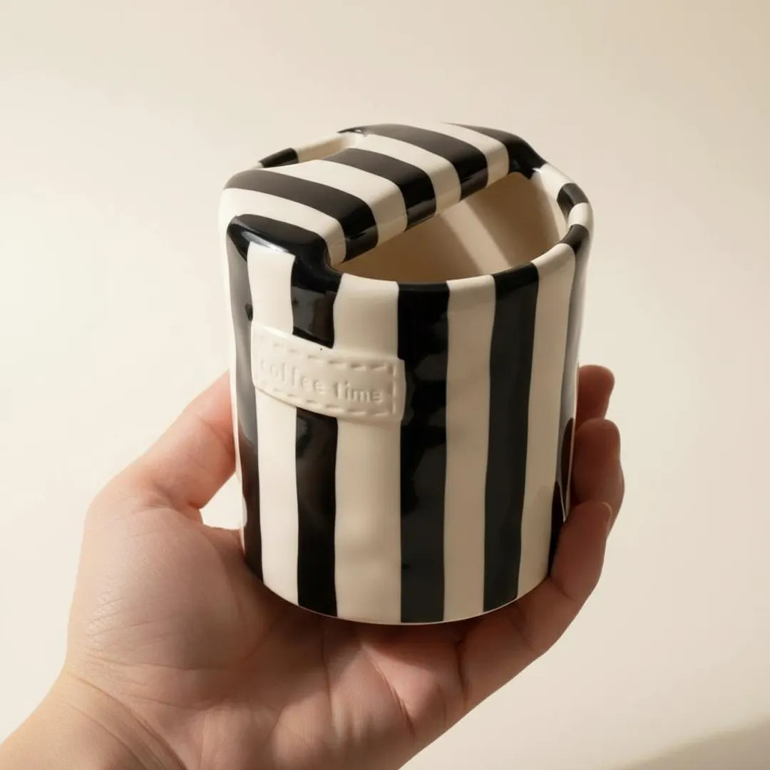 Handmade Striped Ceramic Mug | Minimalist Handleless Coffee Cup | Artisan Pottery Everyday Mug Gi... | Etsy (US)