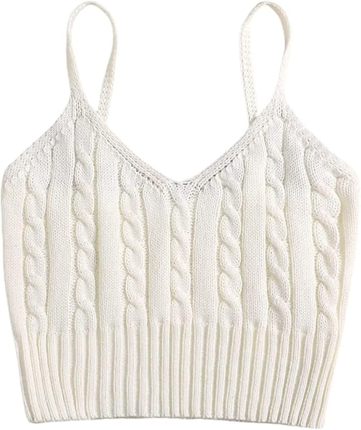 Romwe Women's Ribbed Knit Spaghetti Strap Sleeveless V Neck Cami Crop Top Camisole | Amazon (US)