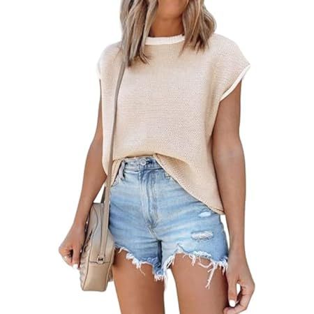 Cap Sleeve Knit Sweater Tops Sleeveless Vest Summer Tops 2024 Clothes Oversized Tank Tops Trendy T Shirts | Amazon (US)