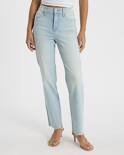 High Waisted Pattern Light Wash Straight Jeans | Express