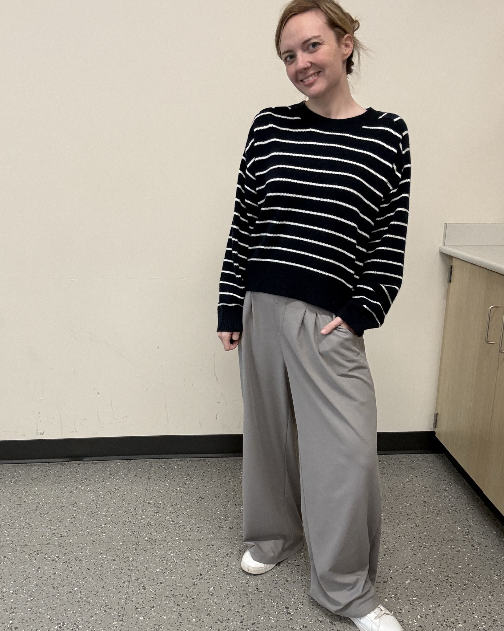 Striped navy sweater in size small with the soft slouchy fit I always reach for on long teaching days. Wide leg trousers from Halara (waffle material) in a light gray that drape beautifully and make every hallway feel like a runway. Easy white sneakers to keep it practical. This outfit is cozy, polished, and perfect for classroom days, errands, or a simple everyday look. Comfortable wide leg pants, classic striped sweater, and casual sneakers for an effortless neutral outfit.

#LTKdayinmylife #LTKootd #LTKmomlife