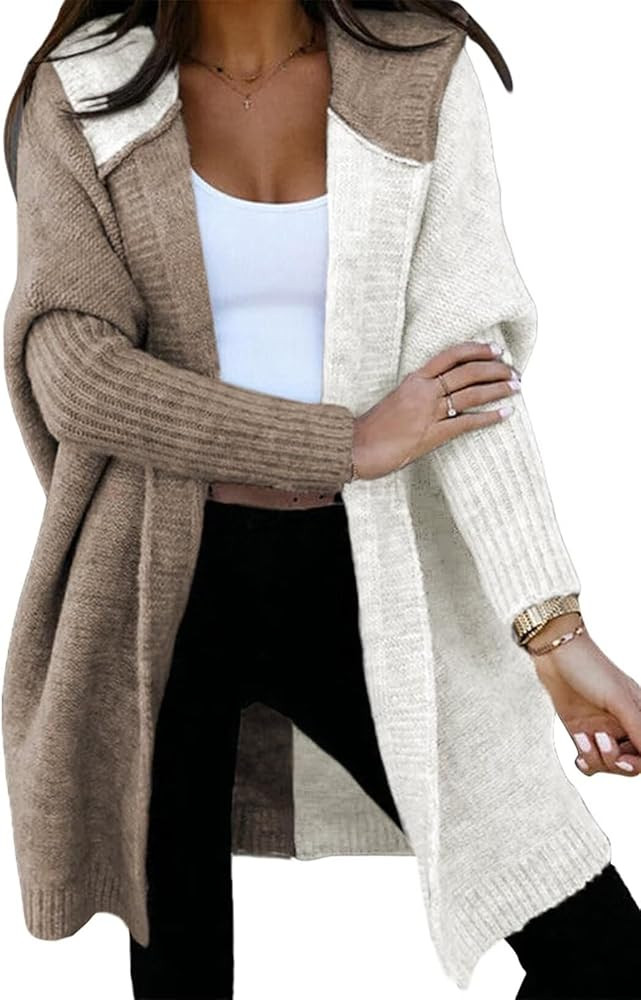Astylish Women 2025 Fall Outfits Open Front Long Sleeve Hooded Knit Cardigan Sweaters Color Block... | Amazon (US)